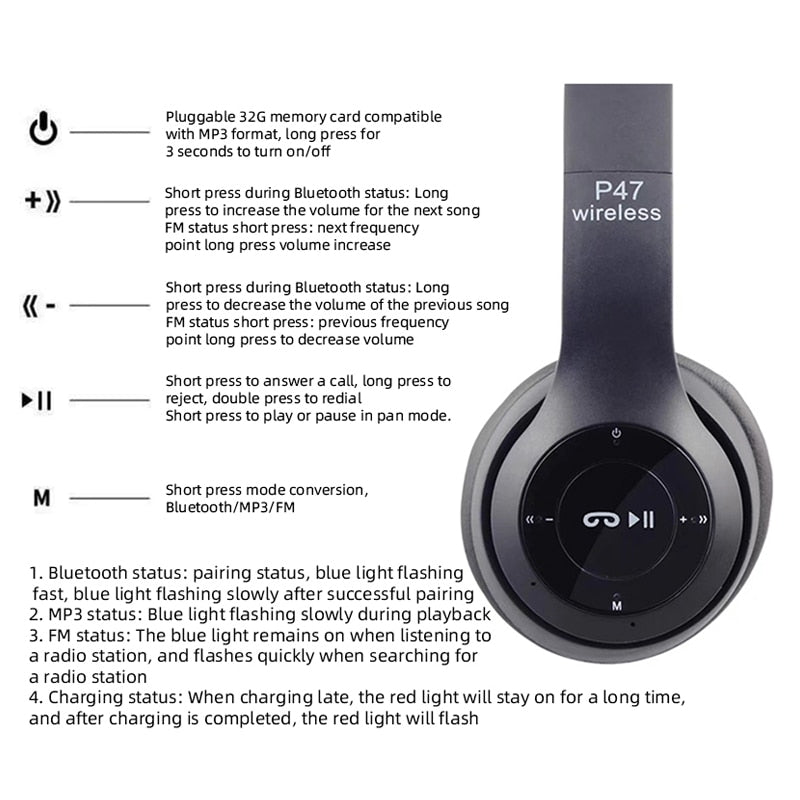 P47 Wireless Bluetooth 5.0 Folding Stereo Headset by HitMyNeed
