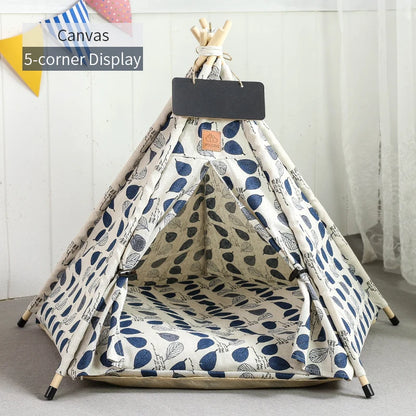 Pet Teepee Tent with Cushion & Blackboard blue-leaves s-4-corner-tent by HitMyNeed