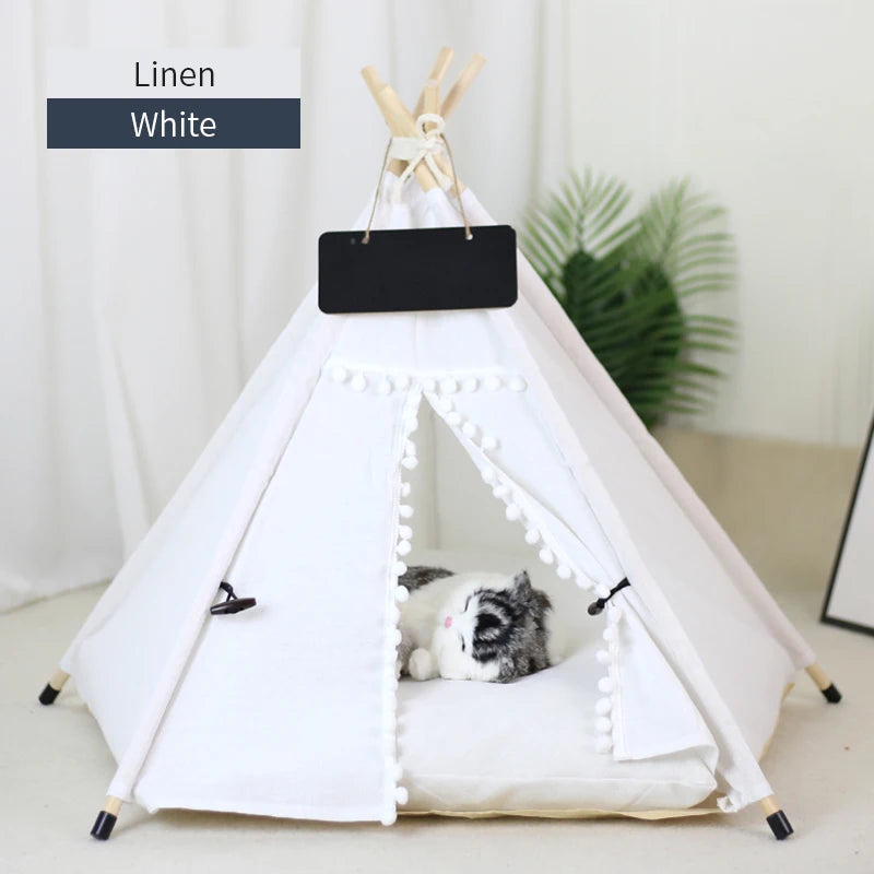 Pet Teepee Tent with Cushion & Blackboard white-linen s-4-corner-tent by HitMyNeed