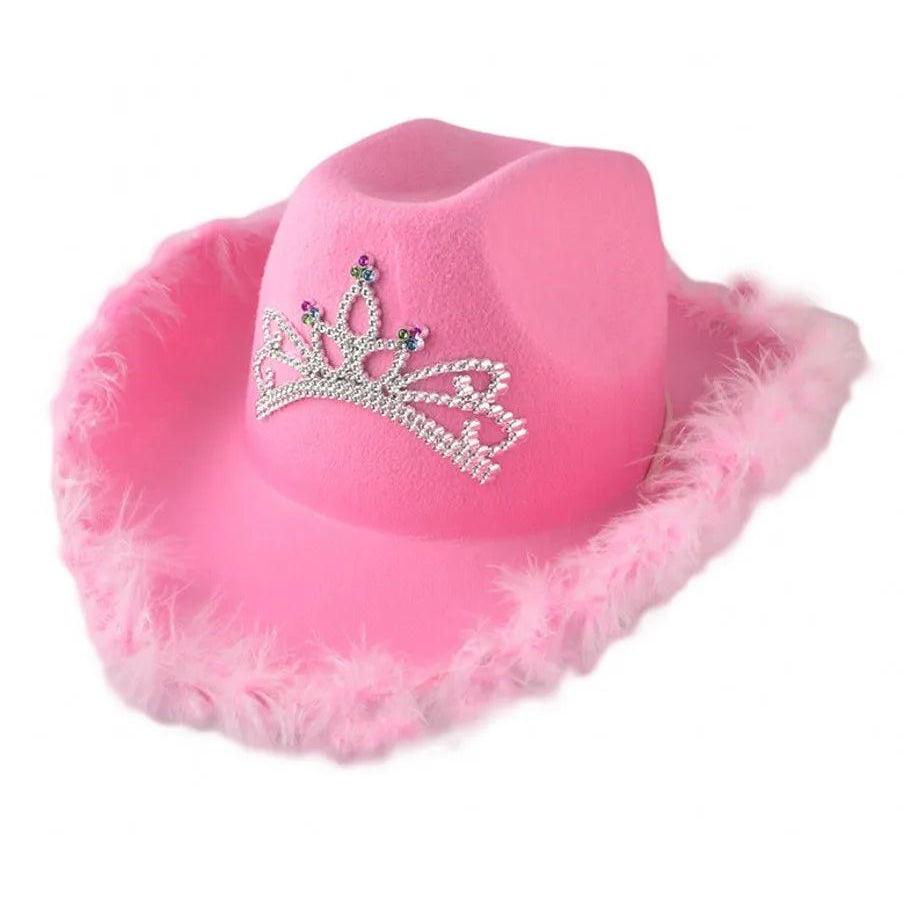 Pink Cowgirl Hat with Tiara for Parties & Events feather-fringe by HitMyNeed