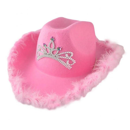 Pink Cowgirl Hat with Tiara for Parties & Events feather-fringe by HitMyNeed