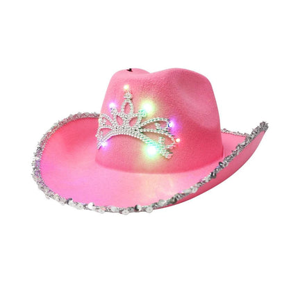 Pink Cowgirl Hat with Tiara for Parties & Events glowing-sequin-edge by HitMyNeed