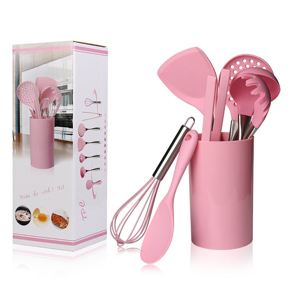 Pink Silicone Kitchen Utensil Set with Holder, 7-Piece by HitMyNeed