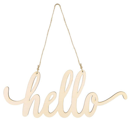 Plain Natural Wooden Hello Sign with Hanging Rope by HitMyNeed