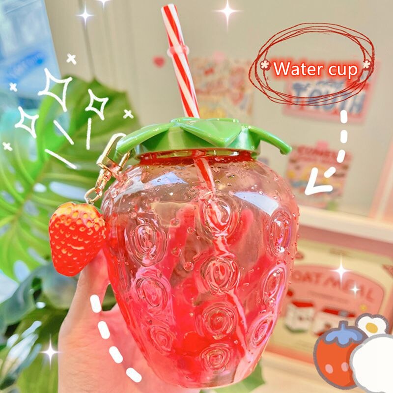Plastic Strawberry Cup with Reusable Straw, 500 ml by HitMyNeed