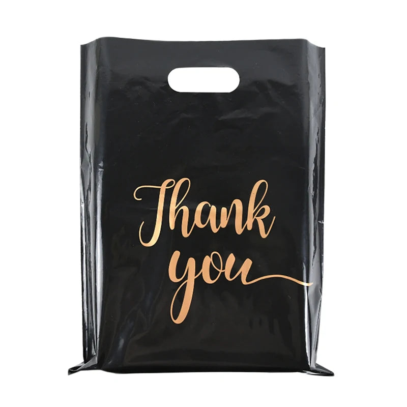 Plastic Thank You Bags with Handles (10 Pack) black by HitMyNeed
