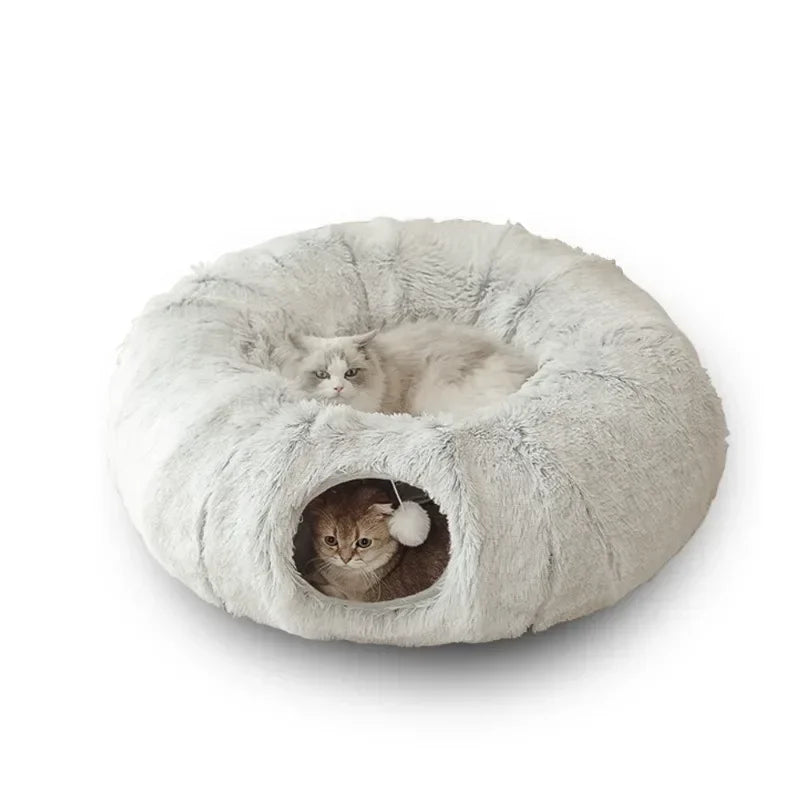 Plush Cat Tunnel Bed with Donut Lounger and Peephole grey by HitMyNeed