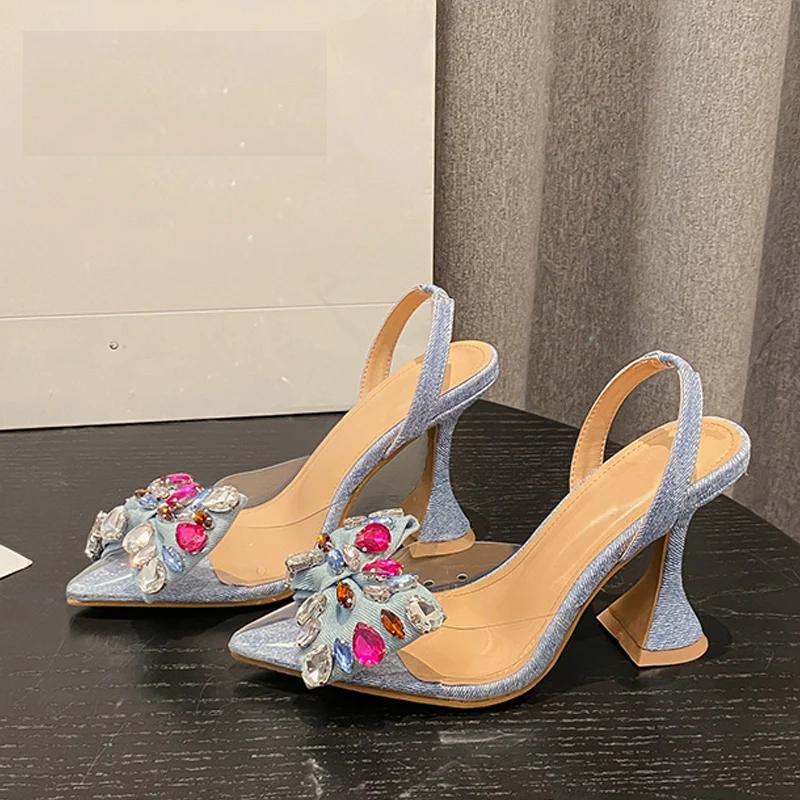 Pointed Toe Denim Bowknot Heels for Women 41.0 by HitMyNeed