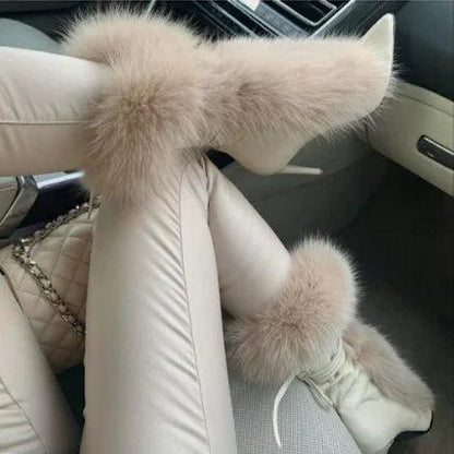 Pointed Toe Fur Mid Calf Stiletto Boots with Straps by HitMyNeed