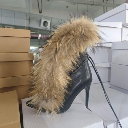 Pointed Toe Fur Mid Calf Stiletto Boots with Straps by HitMyNeed
