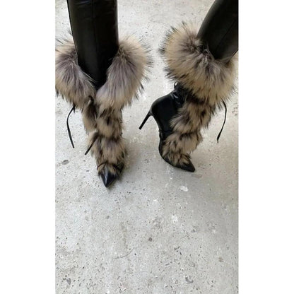 Pointed Toe Fur Mid Calf Stiletto Boots with Straps black 40.0 by HitMyNeed