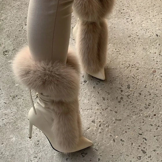 Pointed Toe Fur Mid Calf Stiletto Boots with Straps white 35.0 by HitMyNeed