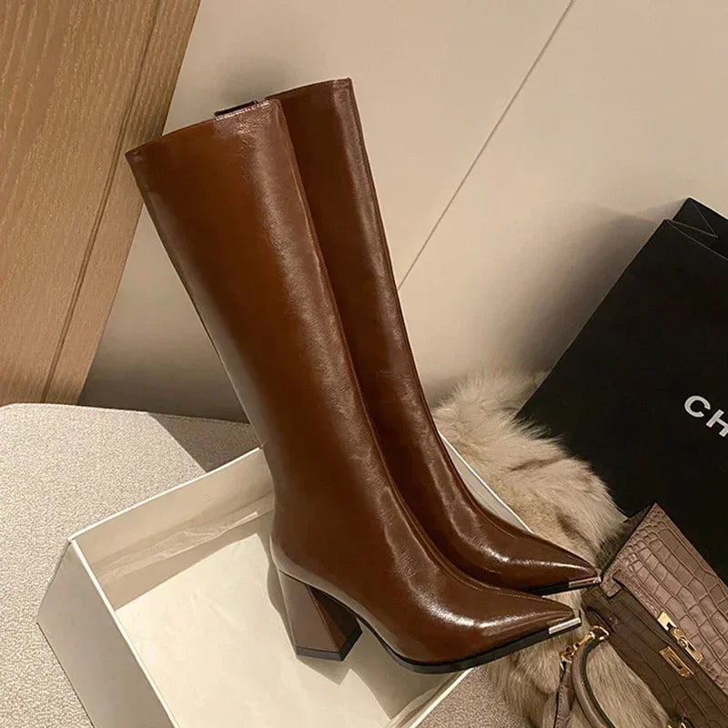 Pointed Toe Women's High Heel Long Boots with Zipper brown 35.0 by HitMyNeed