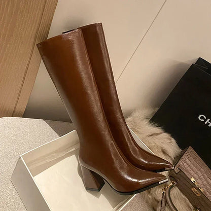 Pointed Toe Women's High Heel Long Boots with Zipper brown 35.0 by HitMyNeed