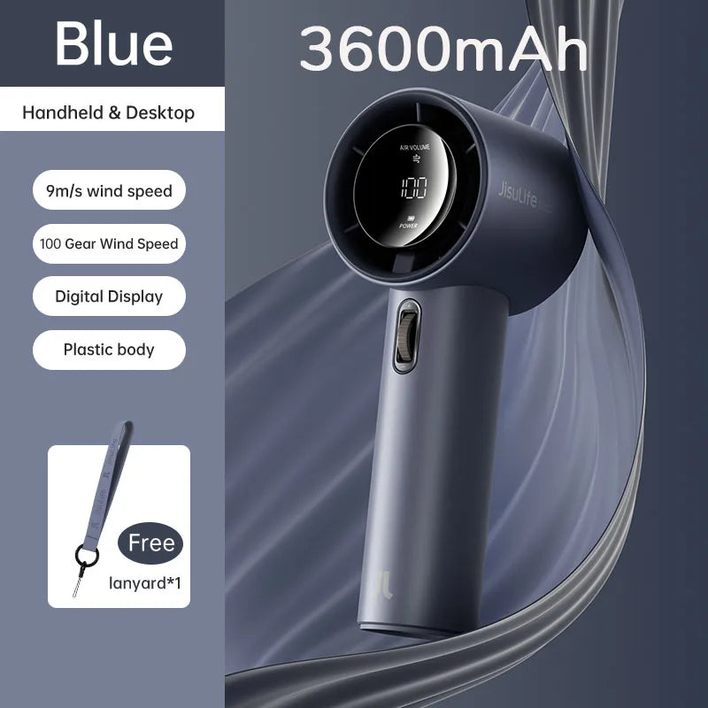 Portable 100-Speed Bladeless Handheld Fan USB Rechargeable 3600mah-blue by HitMyNeed