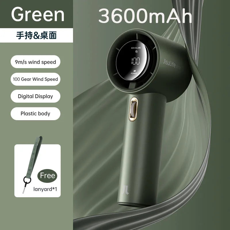 Portable 100-Speed Bladeless Handheld Fan USB Rechargeable 3600mah-green by HitMyNeed
