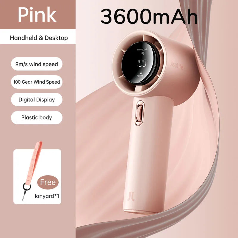 Portable 100-Speed Bladeless Handheld Fan USB Rechargeable 3600mah-pink by HitMyNeed