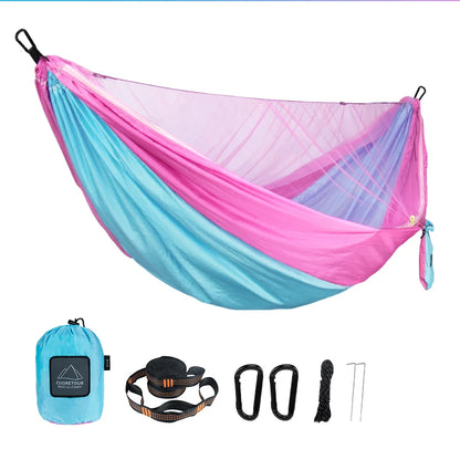 Portable Camping Hammock with Mosquito Net sky-blue-and-pink by HitMyNeed