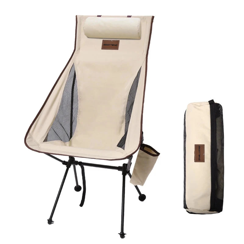 Portable Folding Camping Chair with Headrest beige by HitMyNeed