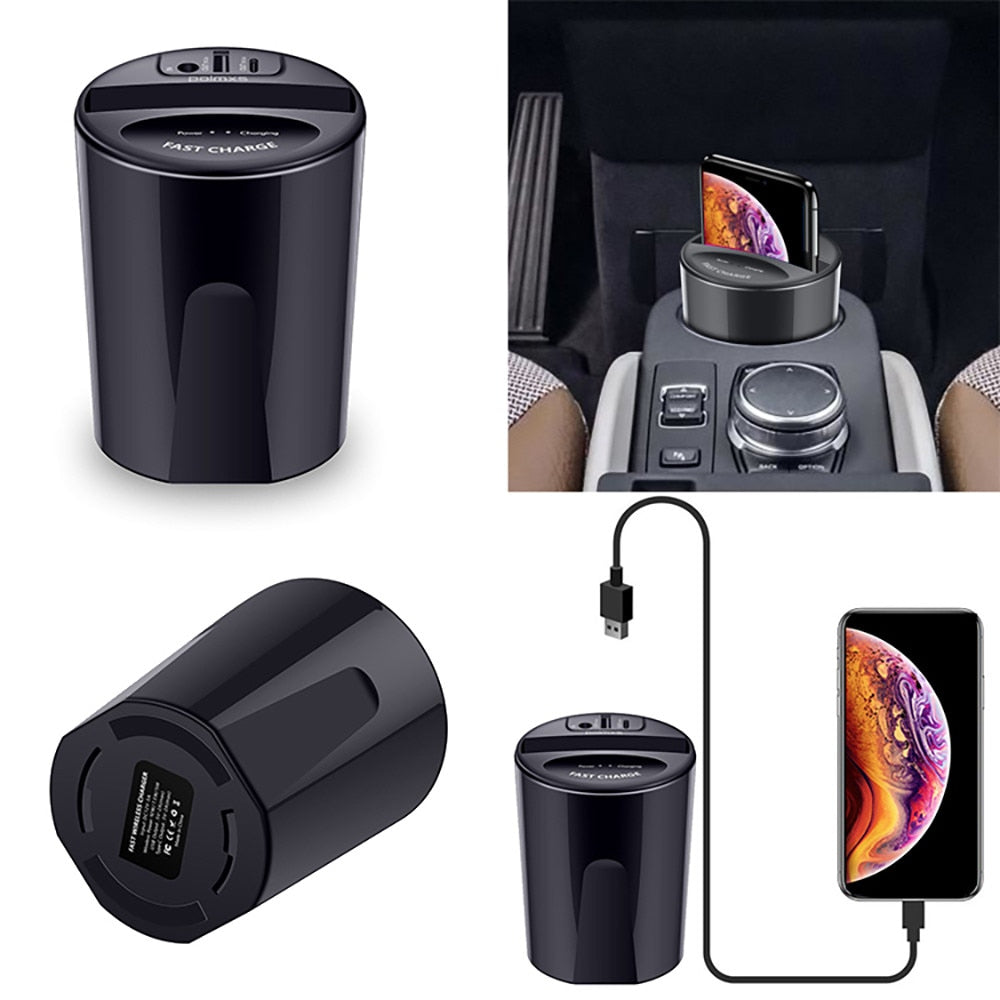 Portable Wireless Car Cup Charger with Dual Ports by HitMyNeed