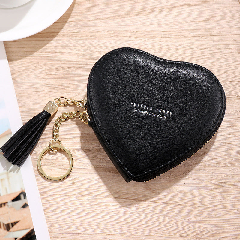 PU Leather Heart Wallet with Zipper and Tassel black by HitMyNeed