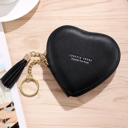PU Leather Heart Wallet with Zipper and Tassel black by HitMyNeed
