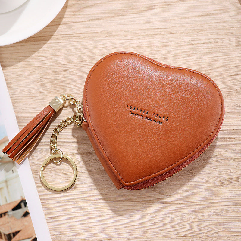PU Leather Heart Wallet with Zipper and Tassel brown by HitMyNeed