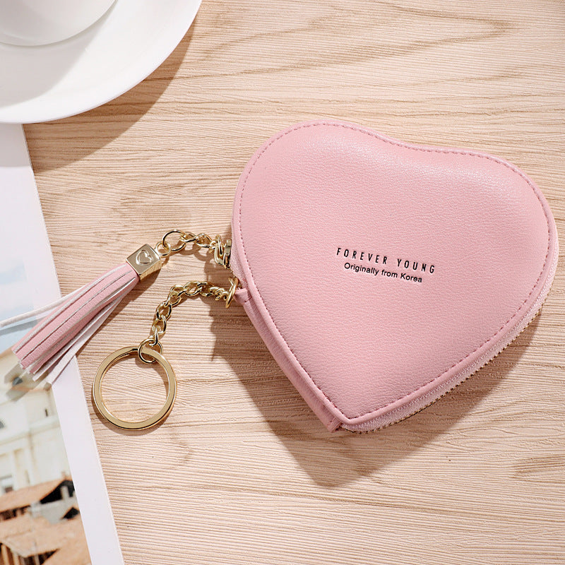 PU Leather Heart Wallet with Zipper and Tassel pink by HitMyNeed