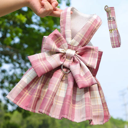 Rabbit Dress Harness with Plaid Bow and Leash dress-set-dark-pink xs by HitMyNeed