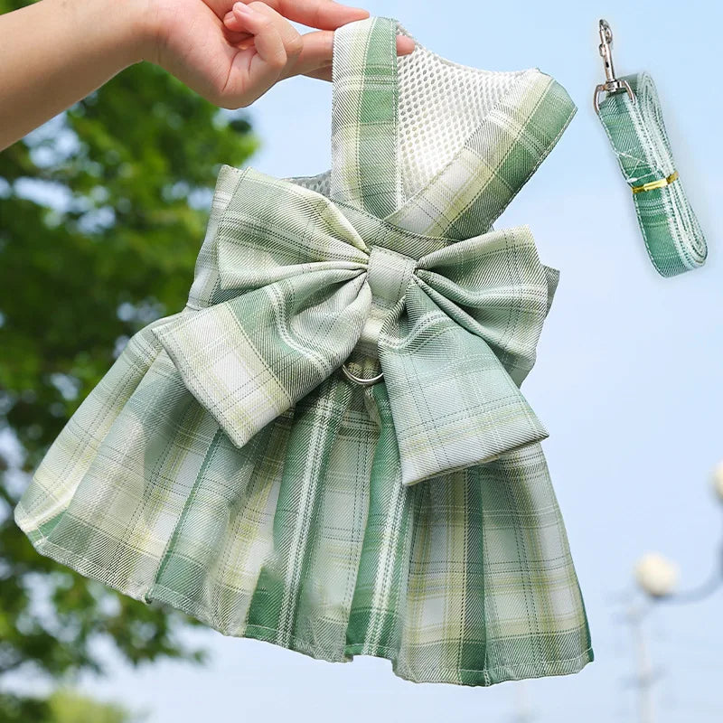 Rabbit Dress Harness with Plaid Bow and Leash dress-set-green xs by HitMyNeed