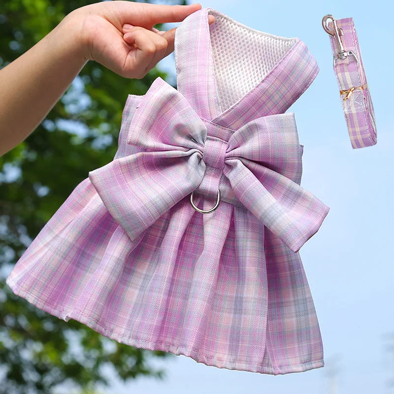 Rabbit Dress Harness with Plaid Bow and Leash dress-set-light-pink l by HitMyNeed