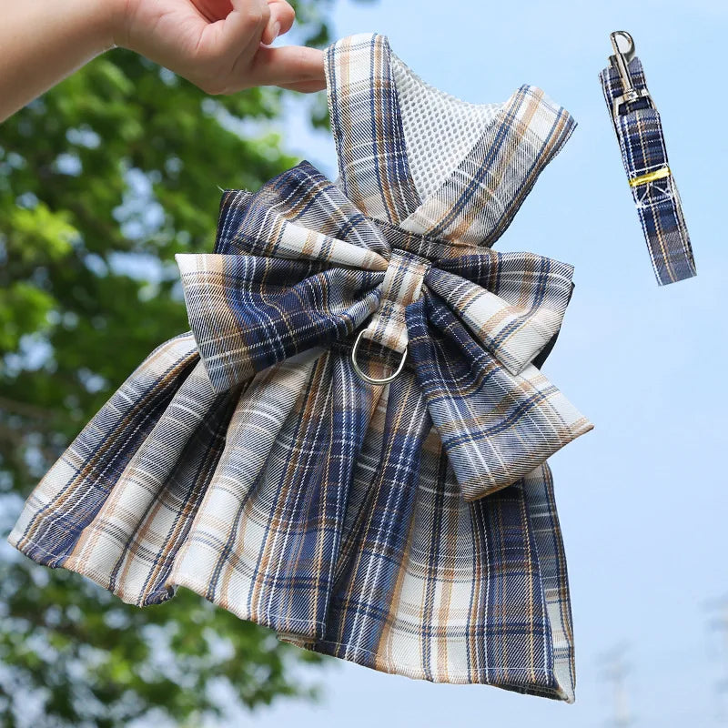 Rabbit Dress Harness with Plaid Bow and Leash dress-set-navy xs by HitMyNeed
