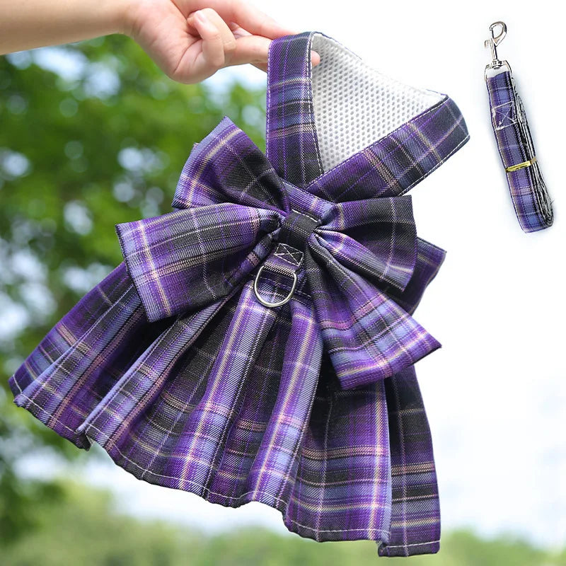 Rabbit Dress Harness with Plaid Bow and Leash dress-set-purple xs by HitMyNeed