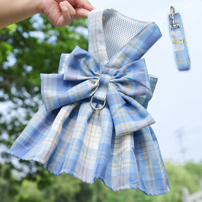 Rabbit Dress Harness with Plaid Bow and Leash dress-set-sky-blue xs by HitMyNeed