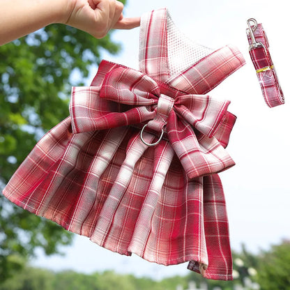 Rabbit Dress Harness with Plaid Bow and Leash dress-set-wine-red xs by HitMyNeed