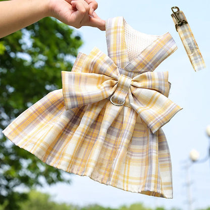 Rabbit Dress Harness with Plaid Bow and Leash dress-set-yellow xs by HitMyNeed
