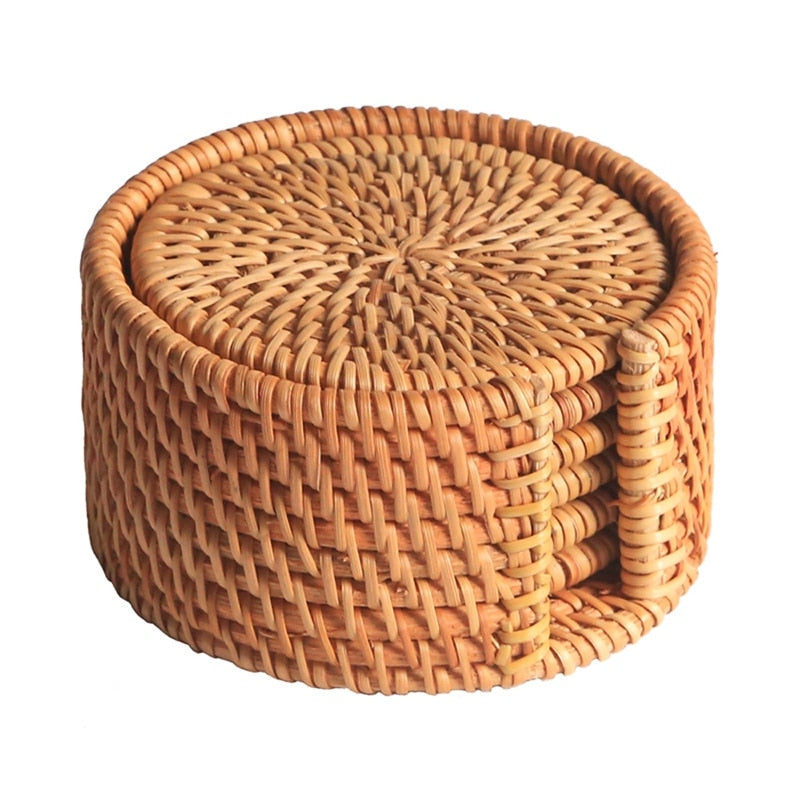 Rattan Coaster Set with Holder, 6 Pieces by HitMyNeed
