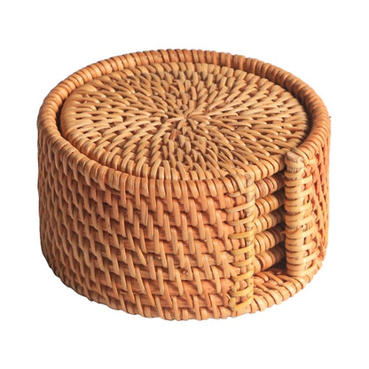 Rattan Coaster Set with Holder, 6 Pieces by HitMyNeed