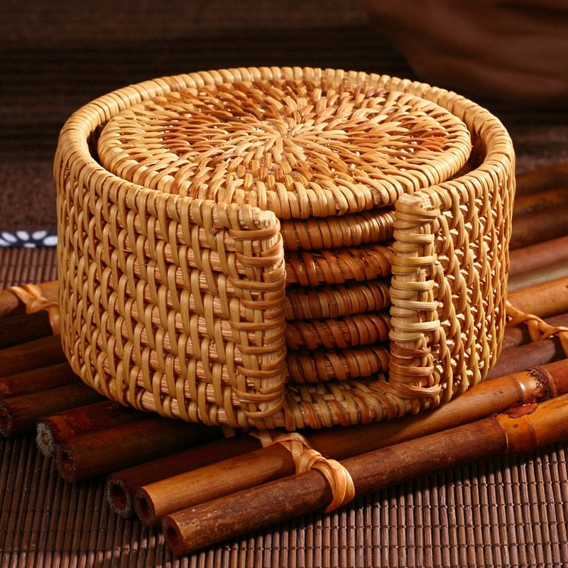Rattan Coaster Set with Holder, 6 Pieces by HitMyNeed