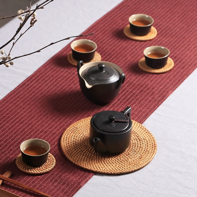 Rattan Coaster Set with Holder, 6 Pieces by HitMyNeed