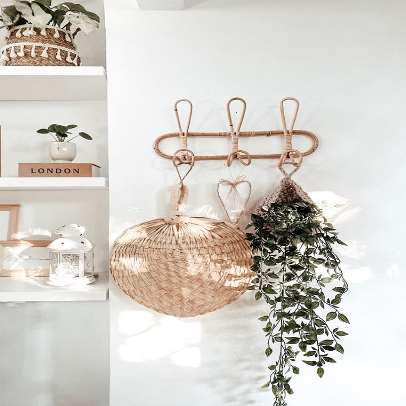 Rattan Wall Hook Rack - 3 Peg Natural Organizer by HitMyNeed
