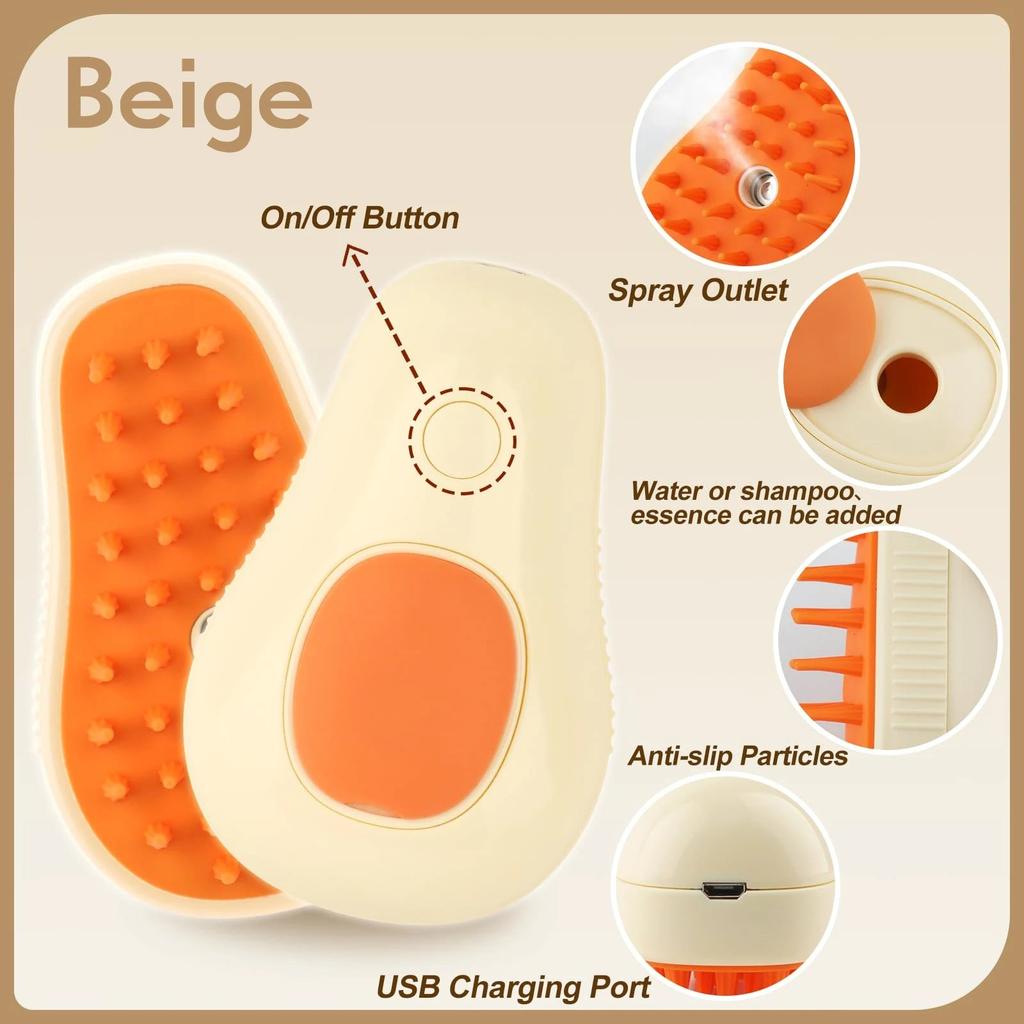 Rechargeable 3‑in‑1 Steam Pet Grooming Brush beige-avocado by HitMyNeed