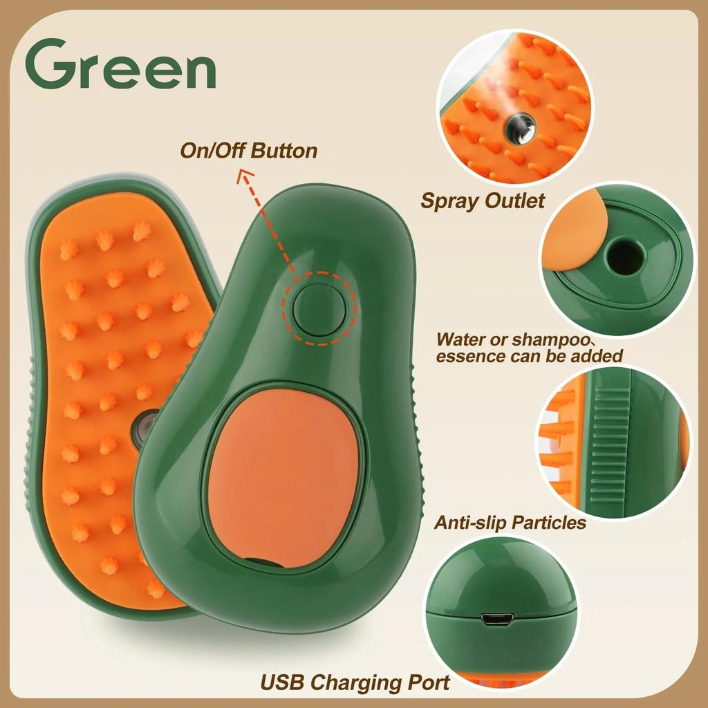 Rechargeable 3‑in‑1 Steam Pet Grooming Brush green-avocado by HitMyNeed