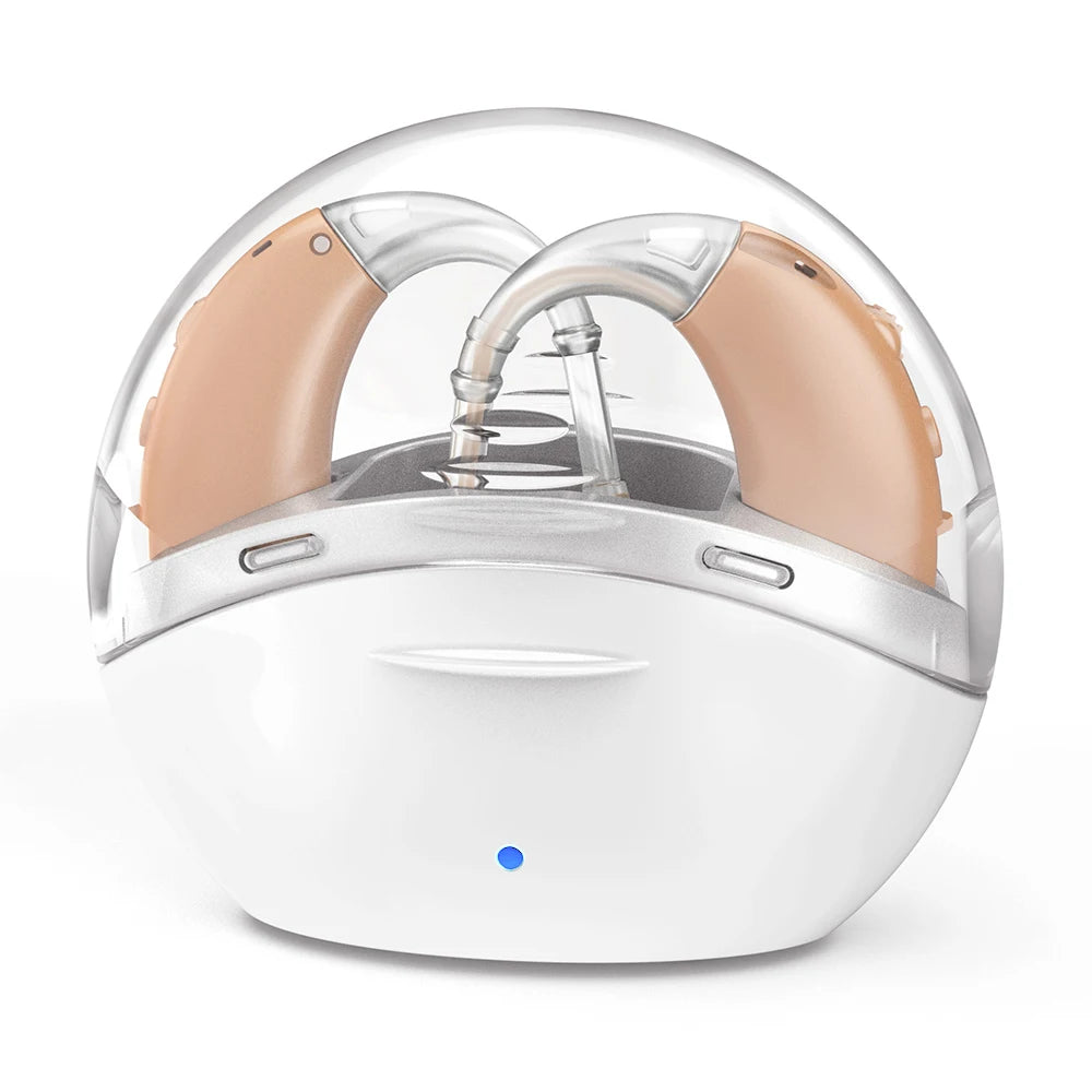 Rechargeable Digital BTE Hearing Aids with Charging Case beige by HitMyNeed