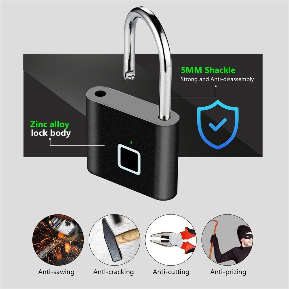 Rechargeable Fingerprint Smart Padlock, Waterproof by HitMyNeed
