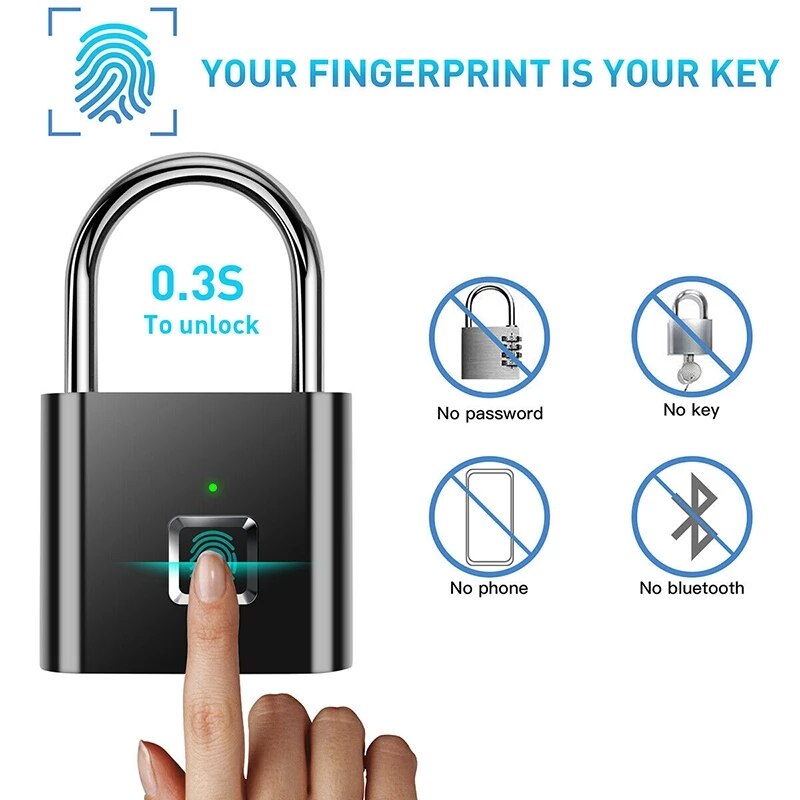 Rechargeable Fingerprint Smart Padlock, Waterproof by HitMyNeed