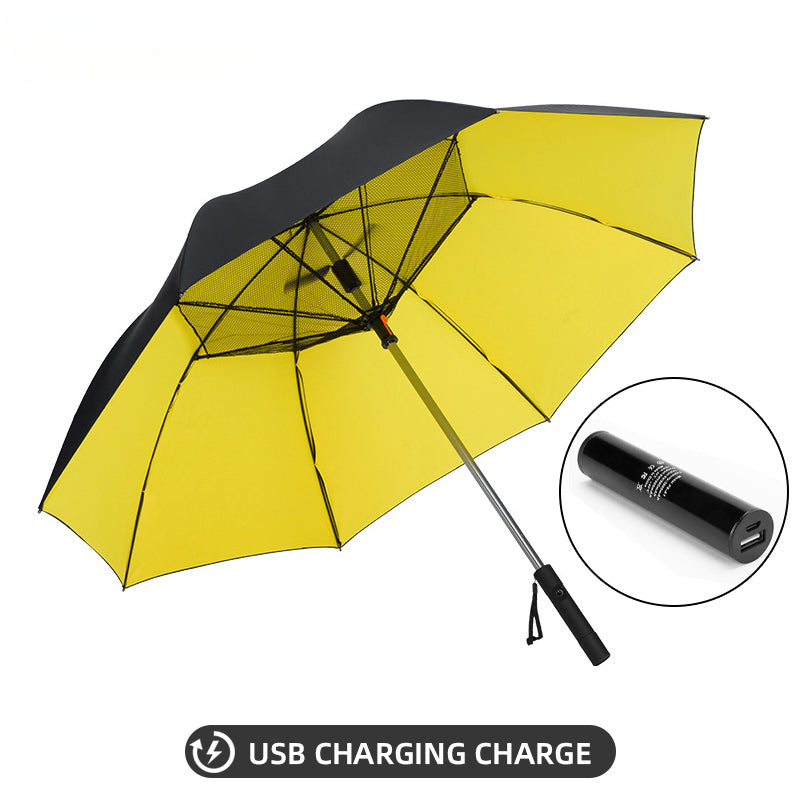 Rechargeable Umbrella with Built‑In Fan, UV & Rain Protection yellow by HitMyNeed