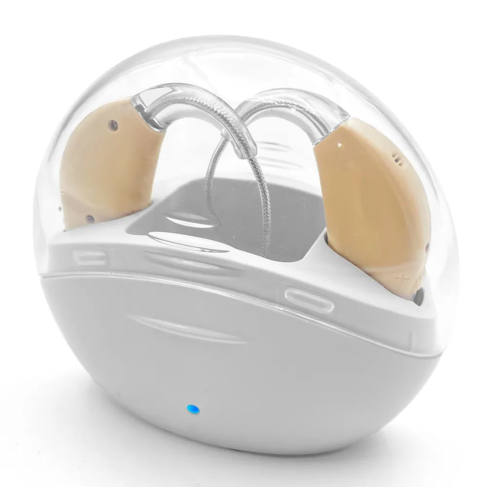 Rechargeable Wireless BTE Hearing Aids with Case by HitMyNeed