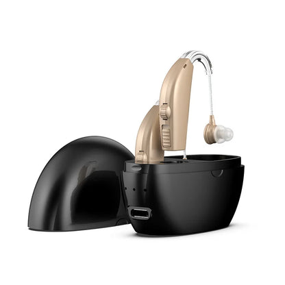 Rechargeable Wireless BTE Hearing Aids with Case black-beige by HitMyNeed