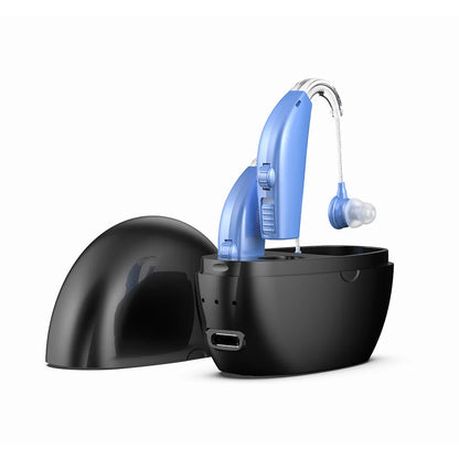 Rechargeable Wireless BTE Hearing Aids with Case black-blue by HitMyNeed
